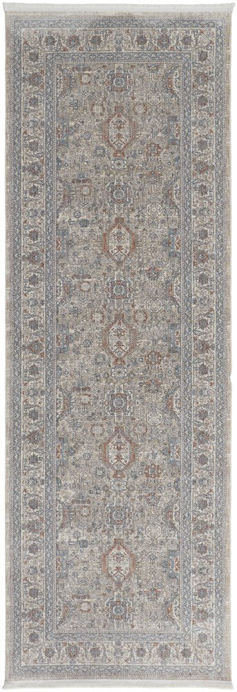 7' X 10' Silver Taupe and Blue Oriental Power Loom Worn Faded Area Rug With Fringe
